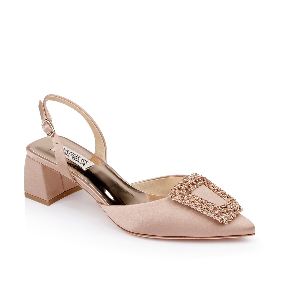 Badgley Mischka Emmie – Pointed Toe Block Heel Slingback With Crystal Buckle